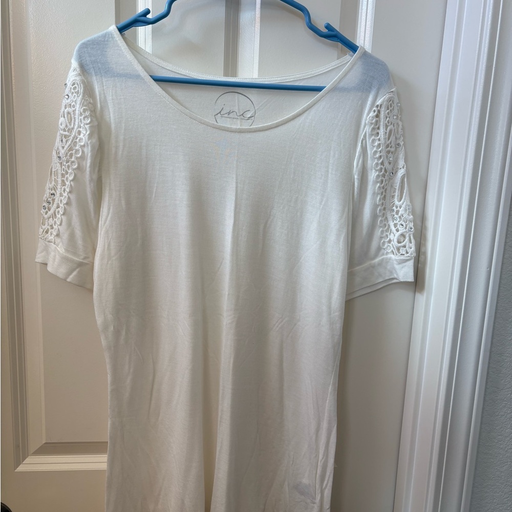 INC International Concepts White Short Sleeve Top with Lace Detail 2001